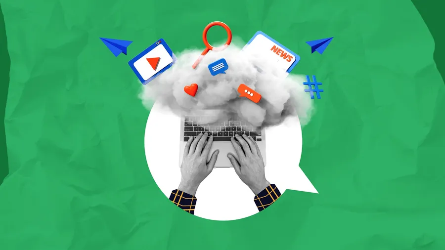 Hands typing on a laptop with digital icons emerging from a cloud, symbolizing online communication and social media on a green textured background