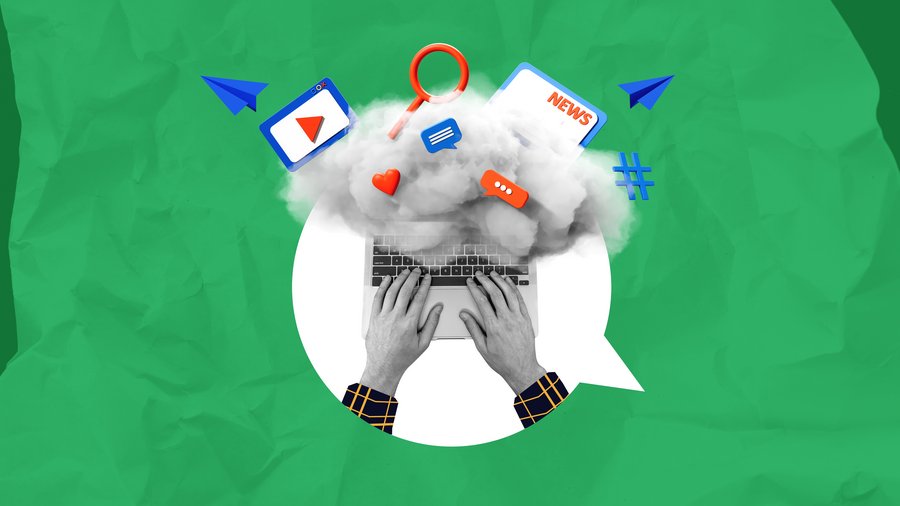 Hands typing on a laptop with digital icons emerging from a cloud, symbolizing online communication and social media on a green textured background