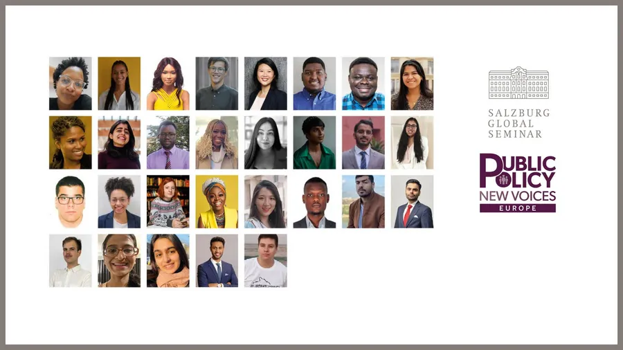 A graphic featuring head shots of Fellows who have been selected to join the second cohort of Public Policy New Voices Europe, as well as the logos of Salzburg Global Seminar and Public Policy New Voices Europe
