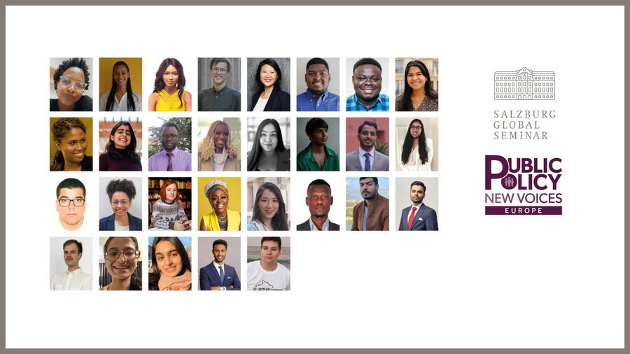A graphic featuring head shots of Fellows who have been selected to join the second cohort of Public Policy New Voices Europe, as well as the logos of Salzburg Global Seminar and Public Policy New Voices Europe