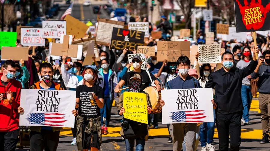Many people gathered around McPherson Square to demonstrate to demand "Stop Asian hate" in Washington DC, USA and march to Chinatown on March 12th, 2021