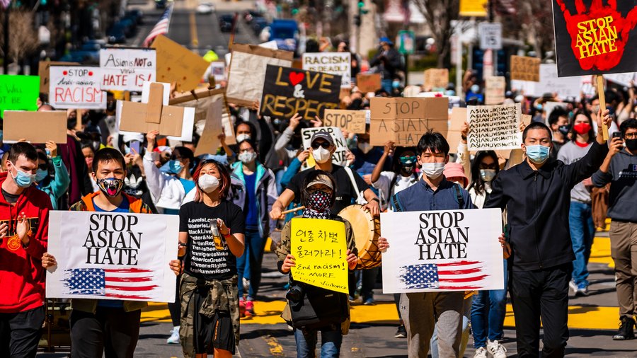 Many people gathered around McPherson Square to demonstrate to demand "Stop Asian hate" in Washington DC, USA and march to Chinatown on March 12th, 2021