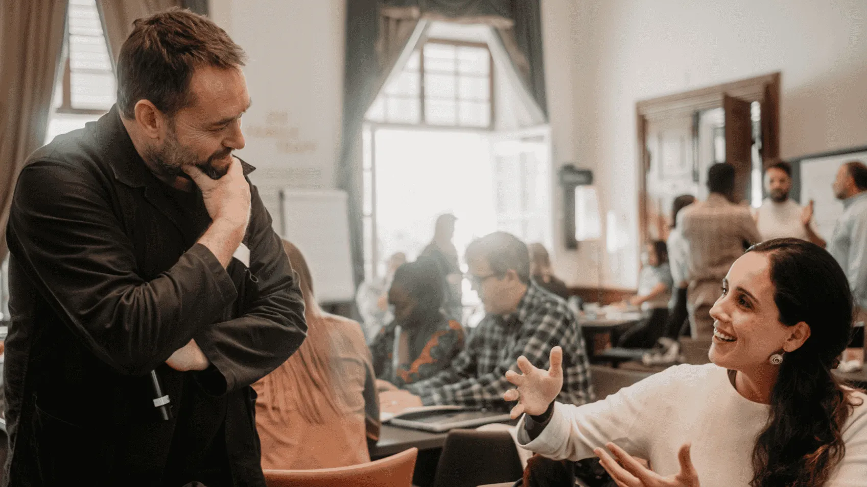 Two people talking