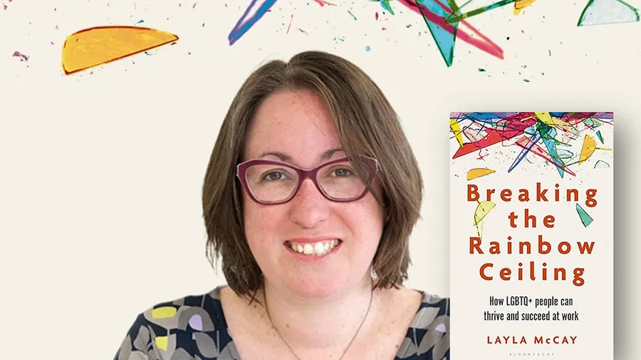 a headshot of a woman named Layla McCay with short brown hair and glasses next to a cover of her new book