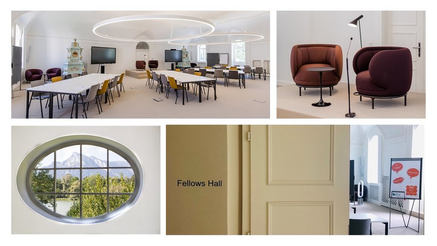 Photo collage of Fellows Hall, featuring a wide shot of the room, a close-up of two chairs, a picture of a sign that says Fellows Hall, and a photo of a window that looks out onto the lake.