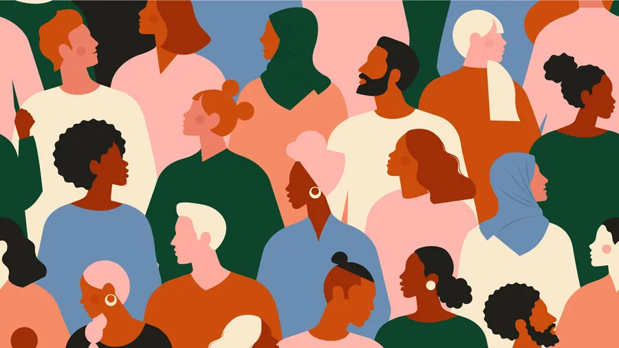 Vector illustration of a diverse group of people standing together. 