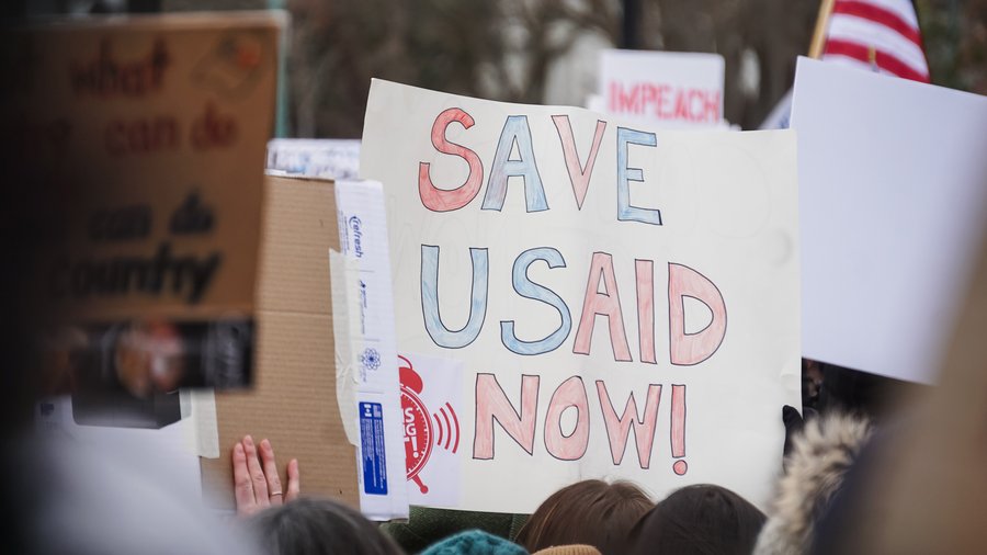 WASHINGTON D.C., USA - February 5, 2025: Protestors gather outside the Capitol in Washington, D.C. to protest the freeze on U.S. Foreign Aid and the dismantling of USAID.