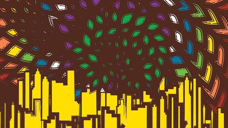 An illustration of a colorful cityscape. 