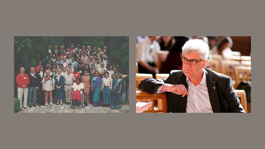 Group photo of participants at Ethnicity, Cultures and the Making of Nations, including Tony Gallagher (circled) and Tony Gallagher today
