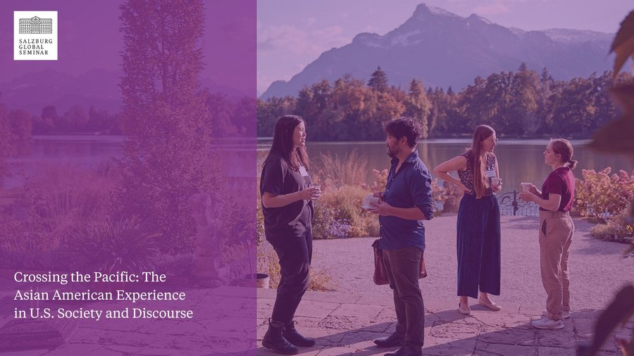 cover of the report for the salzburg global american studies program in 2024. a purple image showing people talking outside and the report title