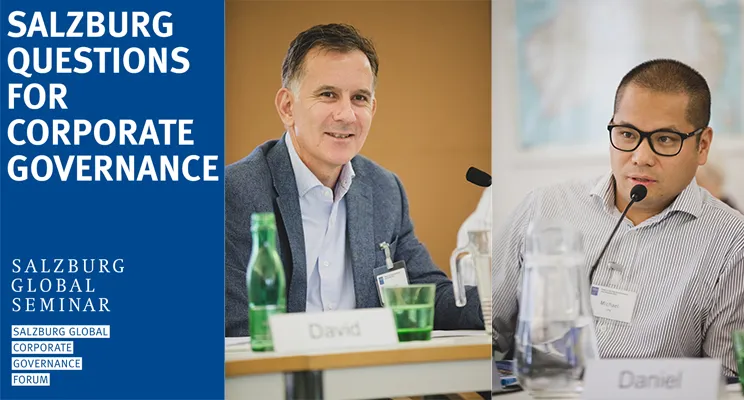 David Simmons (left) and Michael Ling (right) at Salzburg Global Seminar, plus Salzburg Questions for Corporate Governance ident