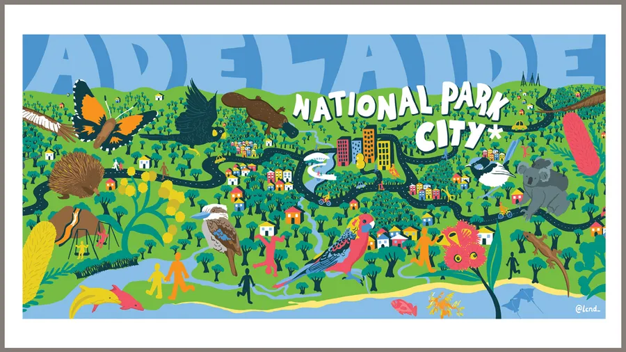 Illustration by Lucinda Penn depicting Adelaide, its green spaces, wildlife, and river 