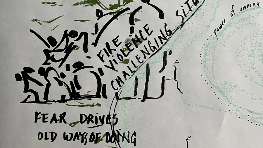 An image describing the Salzburg Global session on "Centering on Equity: Transforming the Health Science Knowledge System" by visual scribe Déline Petrone.