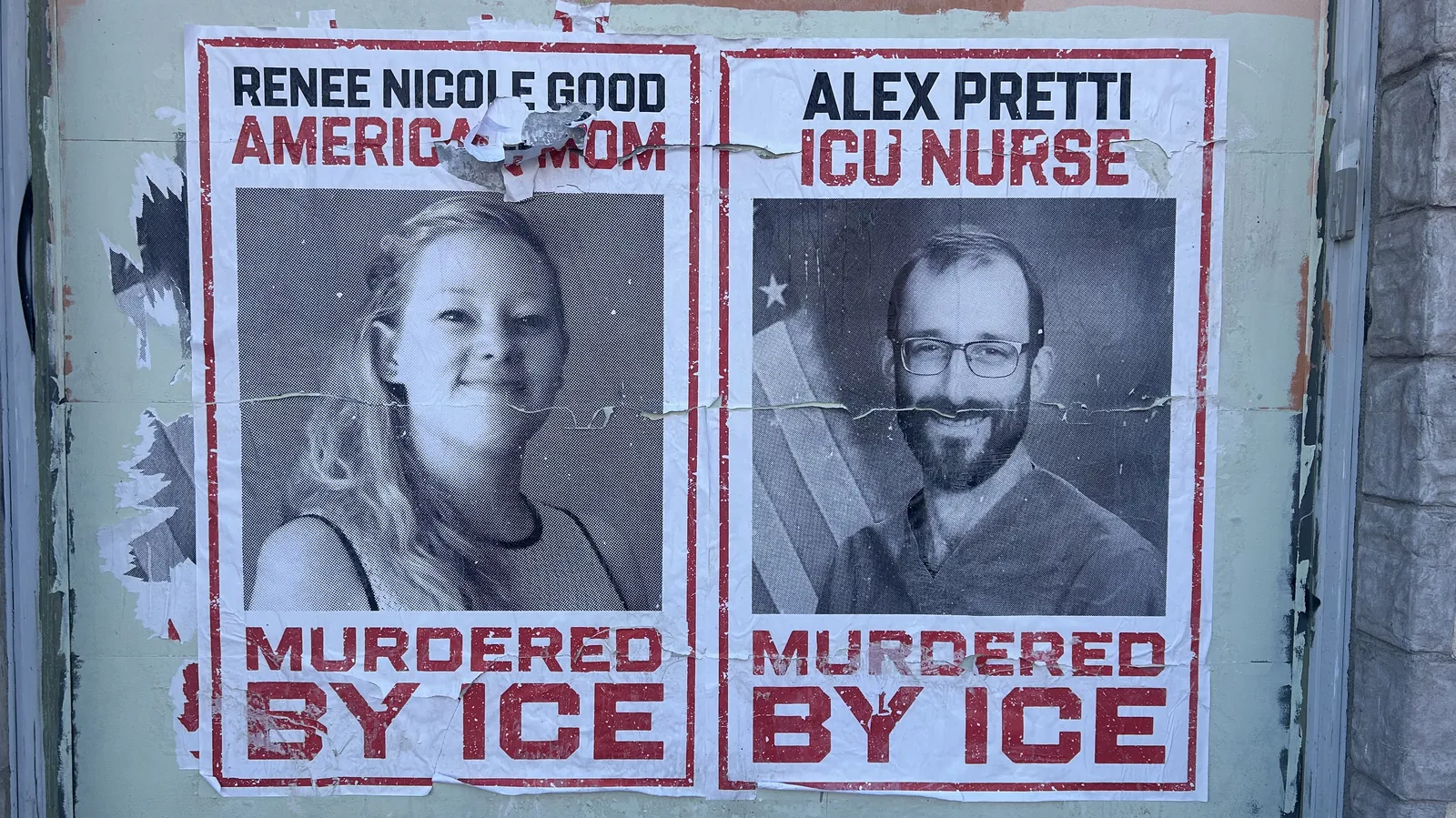 a poster of the victims Renee Nicole Good and Alex Pretti, which read "Murdered by ICE"