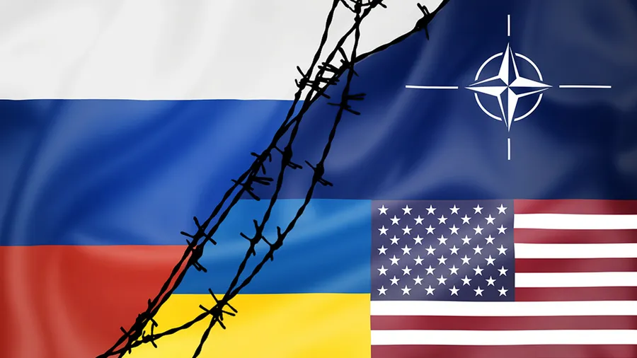russian flag separated with barbed wire from american, nato, and ukraine flag