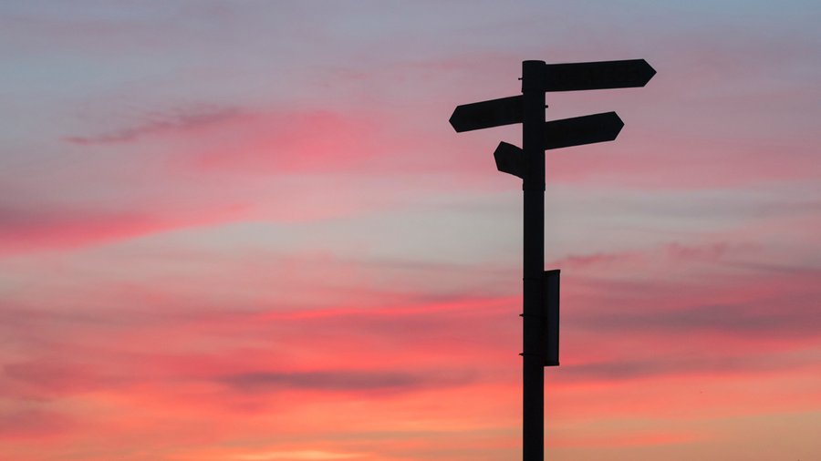 A silhouette of a signpost pointing in different directions against the backdrop of a sunset - Photo by Javier Allegue Barros on Unsplash
