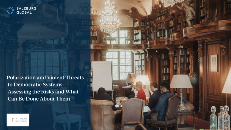 An image of the report cover titled "Polarization and Violent Threats to Democratic Systems: Assessing the Risks and What Can Be Done About Them"