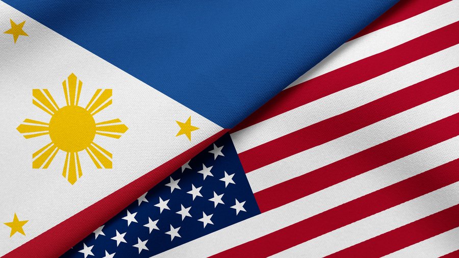 Illustration of the flags of the Philippines and the United States of America lying next to each other.