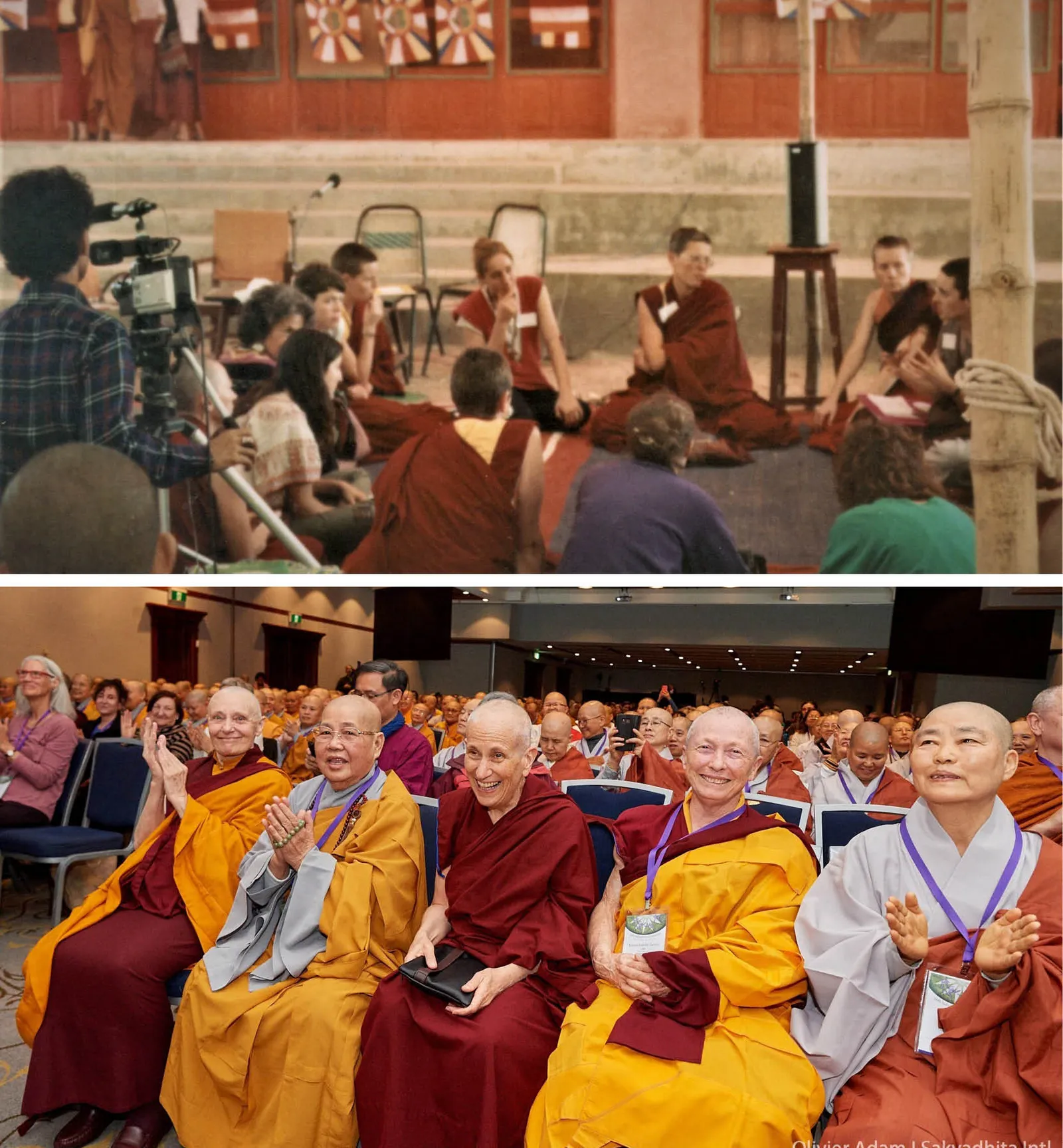 Two Vertically Arranged Photos of Groups of Buddhist Monks