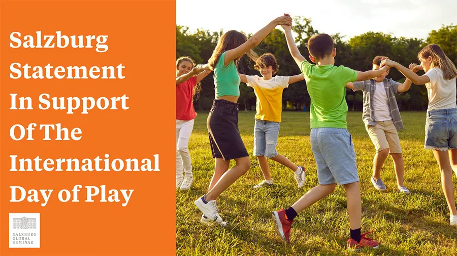 a graphic with an image of children playing in a circle and announcing The Salzburg Statement In Support Of The International Day of Play