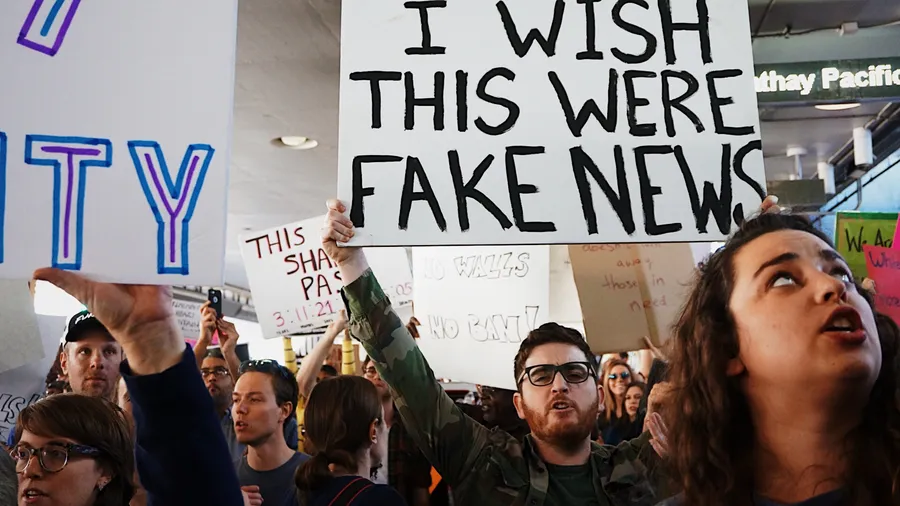 This is a US protest image. A man holds up a large handpainted sign which reads, I wish this were fake news. There are other protesters holding signs behind him.