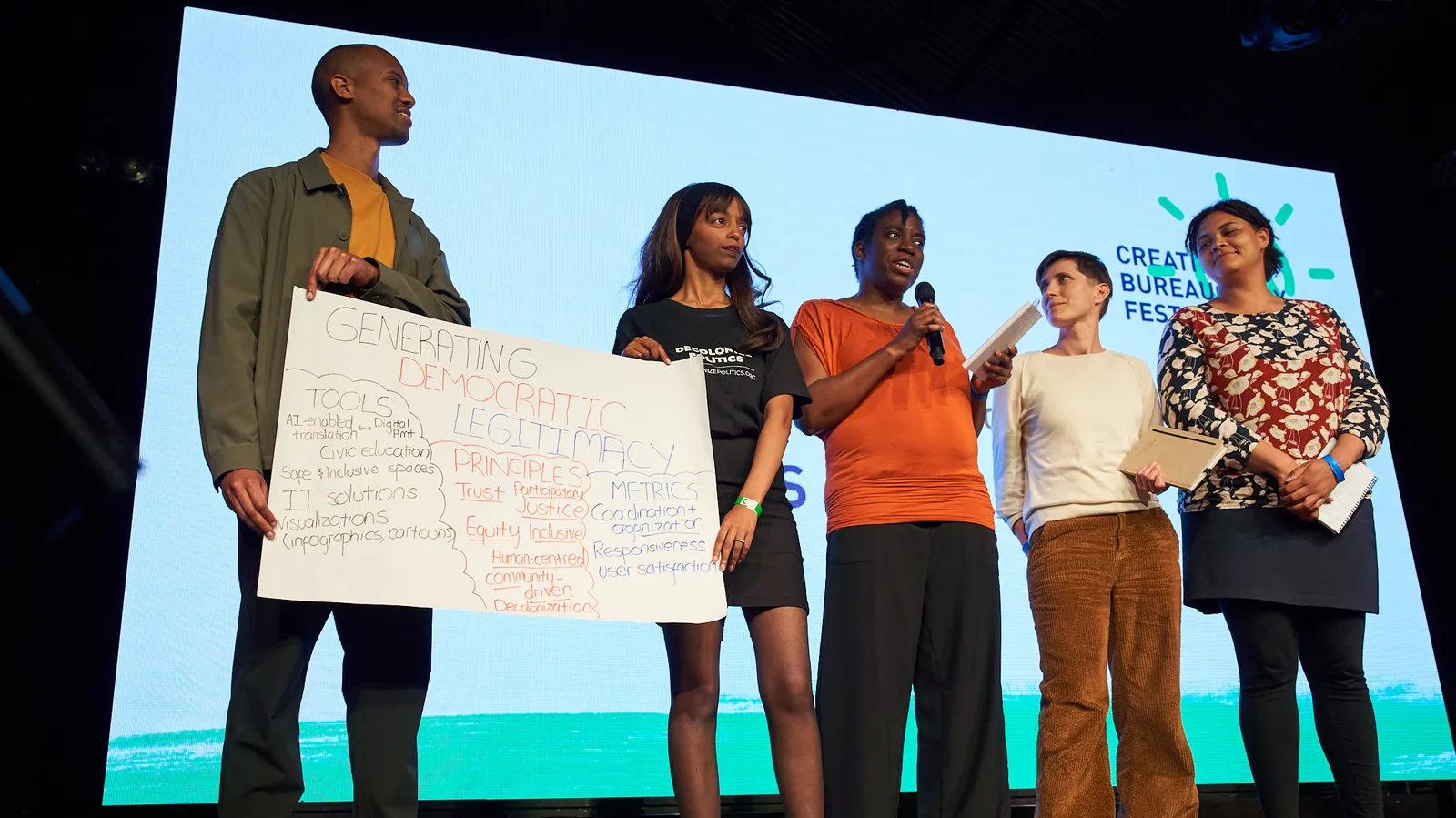 a group of 5 individuals present a poster on stage