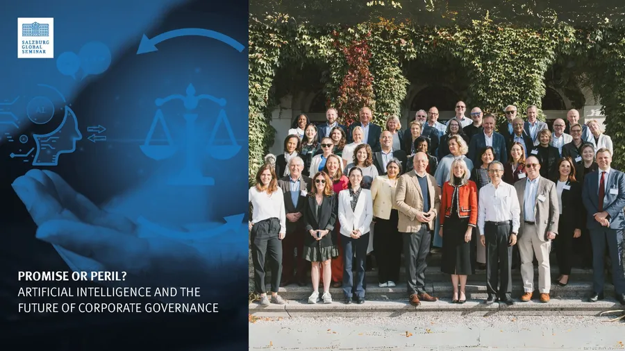A cover of a report next to a photo of a group of people standing outside on the steps of Schloss Leopoldskron
