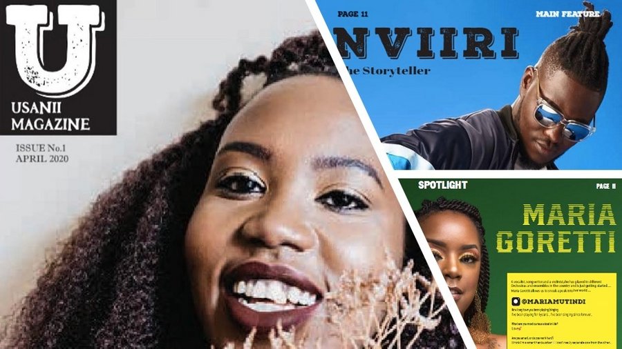 This is a photo collage of Usanii Magazine. It shows the Issue One front cover and two magazine features. These are bright and colorful features. The top right image shows performer Nviiri wearing sunglasses on a blue background. The bottom right image shows an interview with Maria Goretti, yellow and black text on a green background. The left image shows the magazine's front cover, featuring a large profile photo of Chemutai Sage.