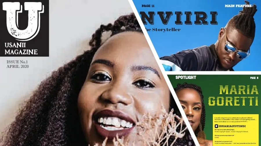 This is a photo collage of Usanii Magazine. It shows the Issue One front cover and two magazine features. These are bright and colorful features. The top right image shows performer Nviiri wearing sunglasses on a blue background. The bottom right image shows an interview with Maria Goretti, yellow and black text on a green background. The left image shows the magazine's front cover, featuring a large profile photo of Chemutai Sage.