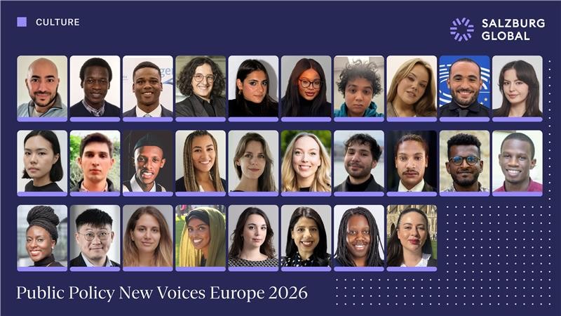 photo grid containing headshots of all 28 members of the fifth cohort of public policy new voices europe