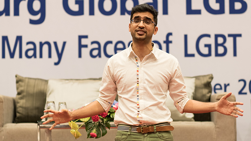 Danish Sheikh performs a "Shakesqueer" monologue at the Open Forum of the fourth session of the Salzburg Global LGBT Forum