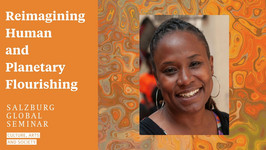 Headshot of Karima Grant next to the text "Reimagining human and planetary flourishing"