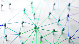 A web of green, blue and purple wires on white background.