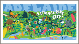 Illustration by Lucinda Penn depicting Adelaide, its green spaces, wildlife, and river
