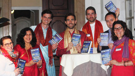 Manjiri Prabhu (second from left) with Salzburg Global Seminar staff at her European launch of the thriller, The Trail of Four.