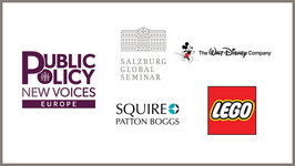 Logos of Salzburg Global Seminar, The Walt Disney Company, Squire Patton Boggs, and The LEGO Group